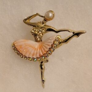 Gold-Tone Ballerina Brooch with Peach Enamel Skirt and Crystal Trim